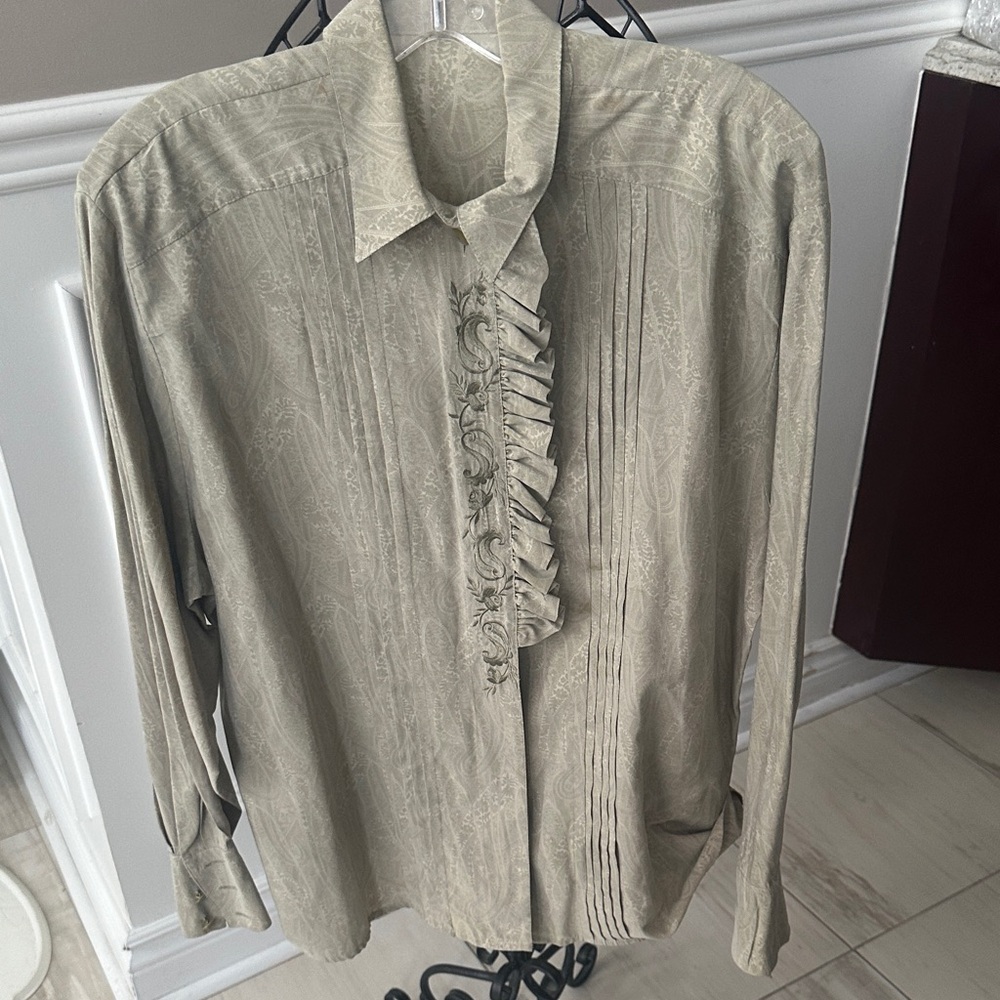 Elegant teal green embroidered front blouse Shirt with Ruffle Détail.